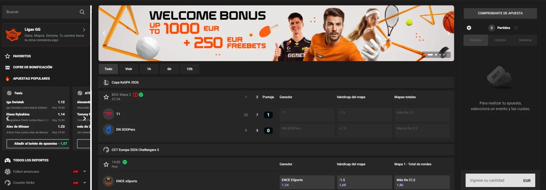Opciones de apuestas deportivas y torneos de eSports en GGBET